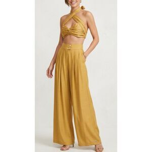 Weekend Max Mara Mustard Yellow Halter Crop Top & Wide Leg Pants Set